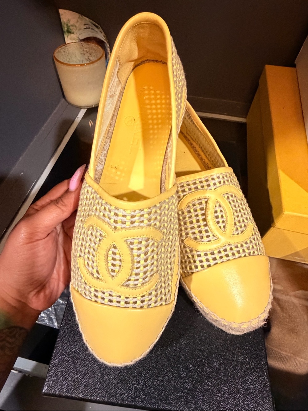 CHANEL Yellow Woven Espadrille Slip-Ons with CC Logo